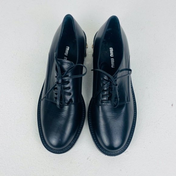 Miu Miu Black Smooth Leather Studded Chunky Classic Formal Lace Up Shoes UK 2.5 - Picture 3 of 12